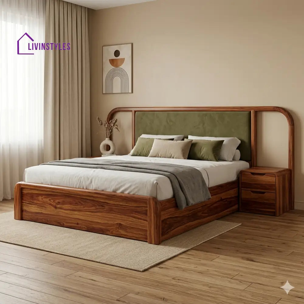 Ritika Premium Sheesham Wood Bed with Velvet Headboard