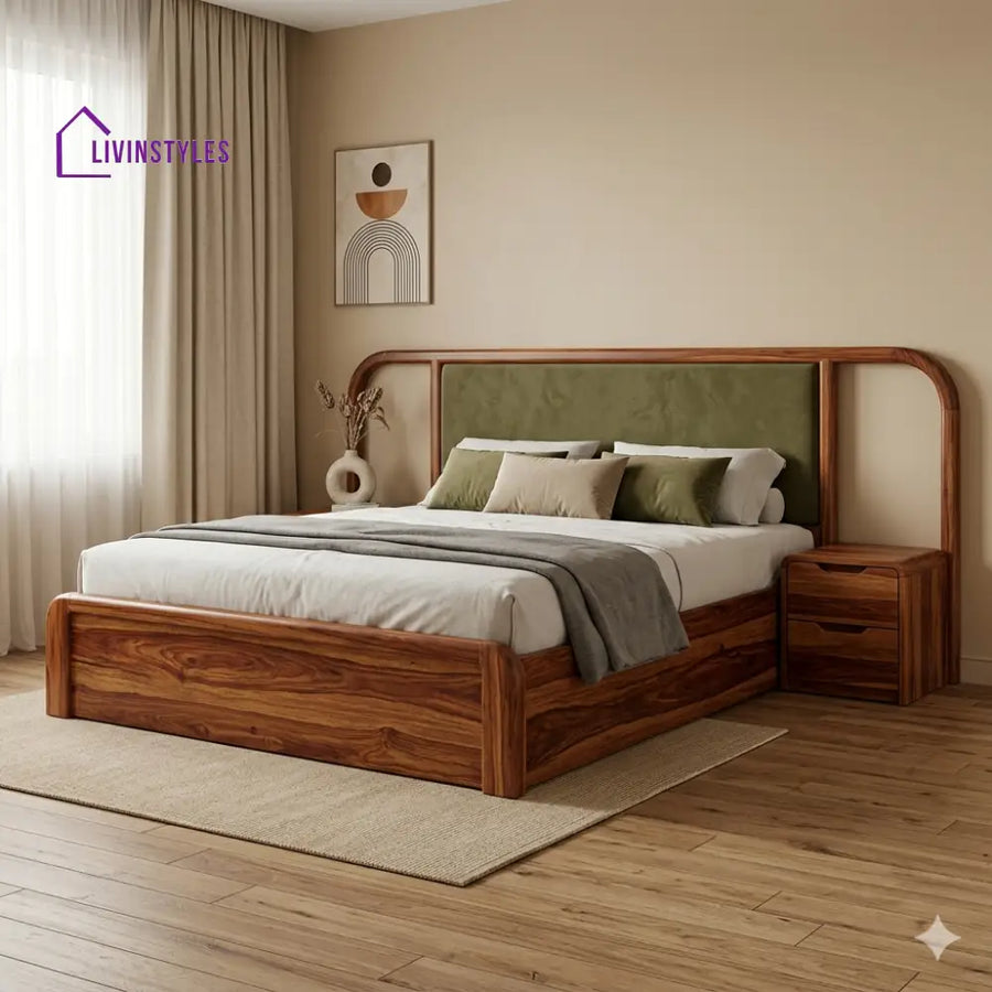 Ritika Premium Sheesham Wood Bed with Velvet Headboard