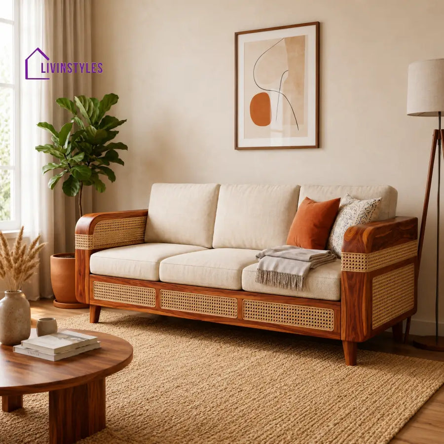 Ritika Sheesham Wood and Cane Sofa for Living Room