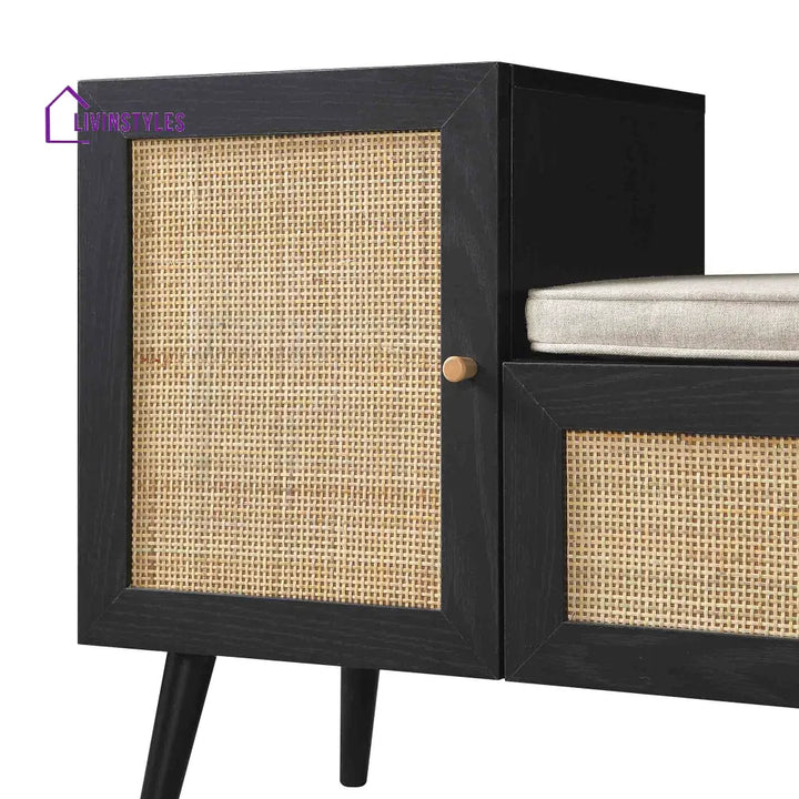 Frances Woven Rattan Storage Bench with Cushion Black Cabinets & Chests