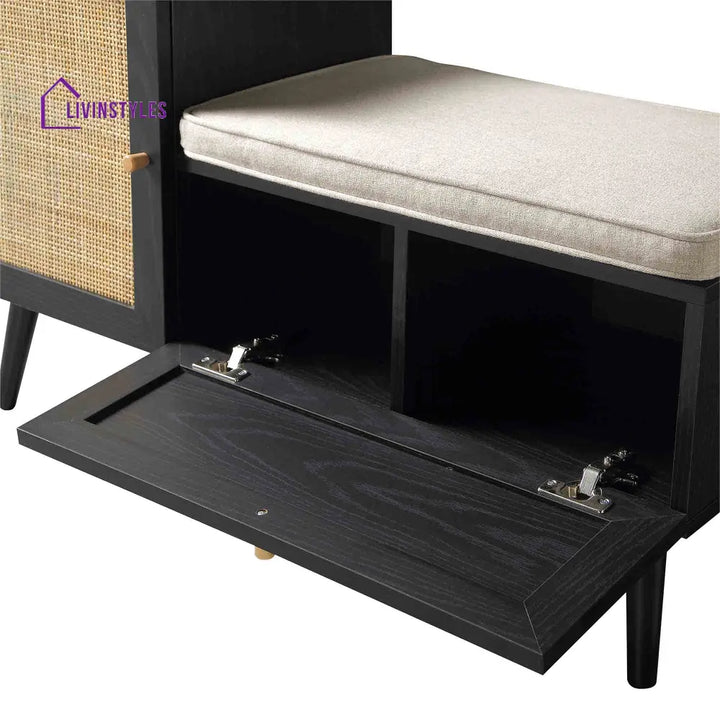 Frances Woven Rattan Storage Bench with Cushion Black Cabinets & Chests