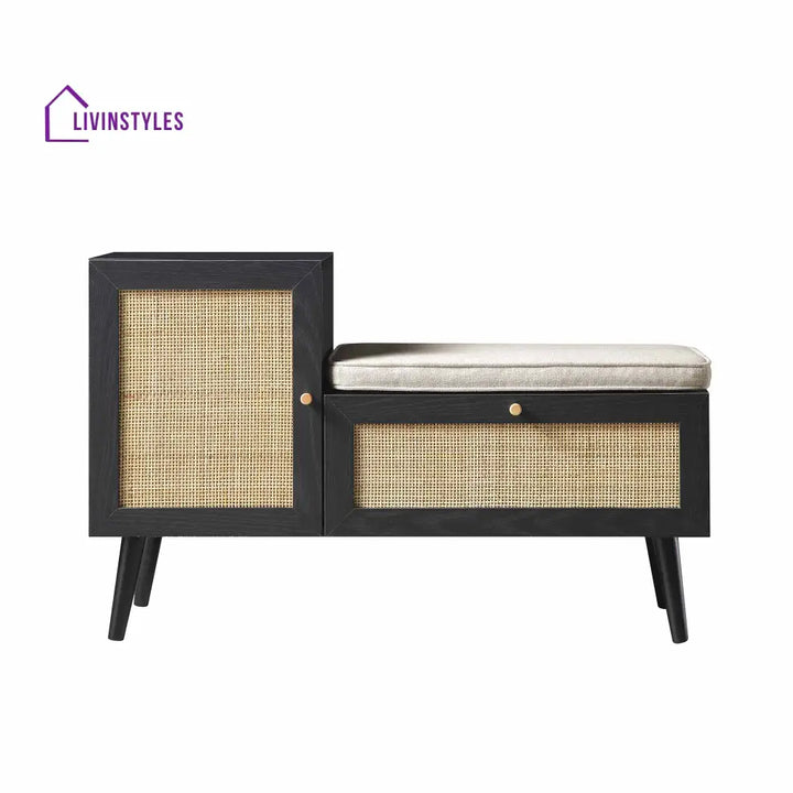 Frances Woven Rattan Storage Bench with Cushion Black Cabinets & Chests