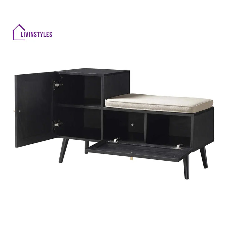 Frances Woven Rattan Storage Bench with Cushion Black Cabinets & Chests