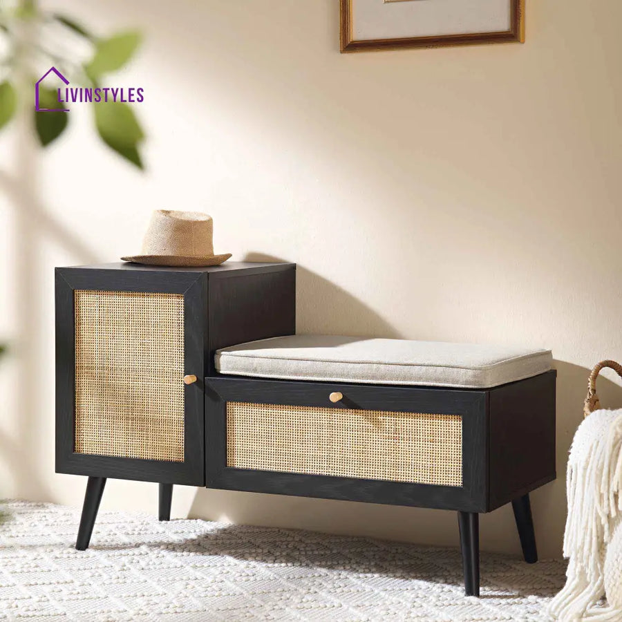 Frances Woven Rattan Storage Bench with Cushion Black Cabinets & Chests