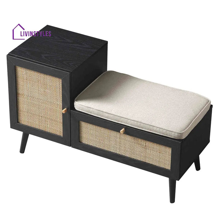 Frances Woven Rattan Storage Bench with Cushion Black Cabinets & Chests