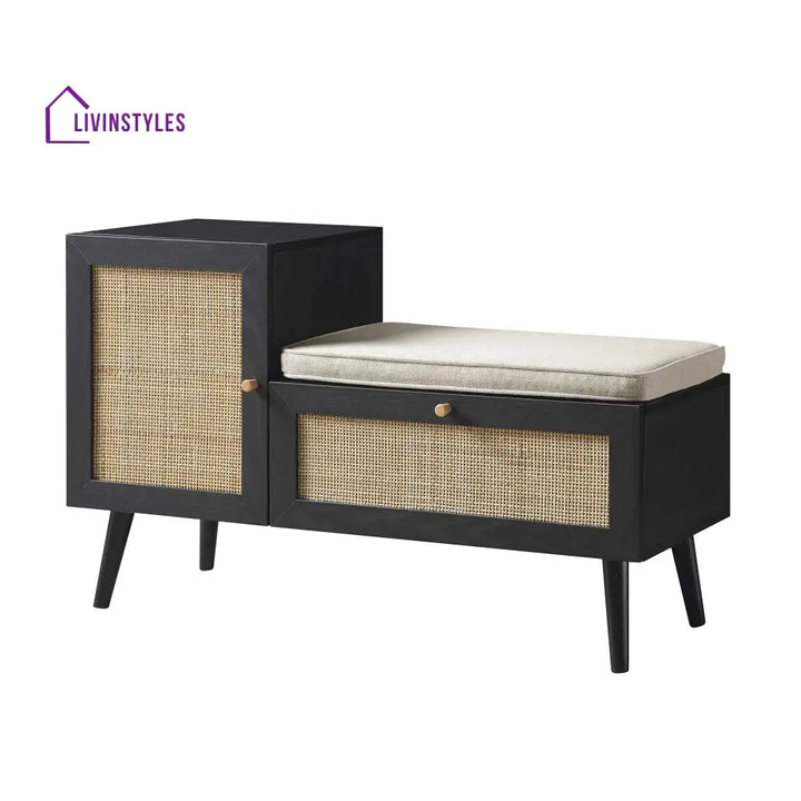 Frances Woven Rattan Storage Bench with Cushion Black Cabinets & Chests