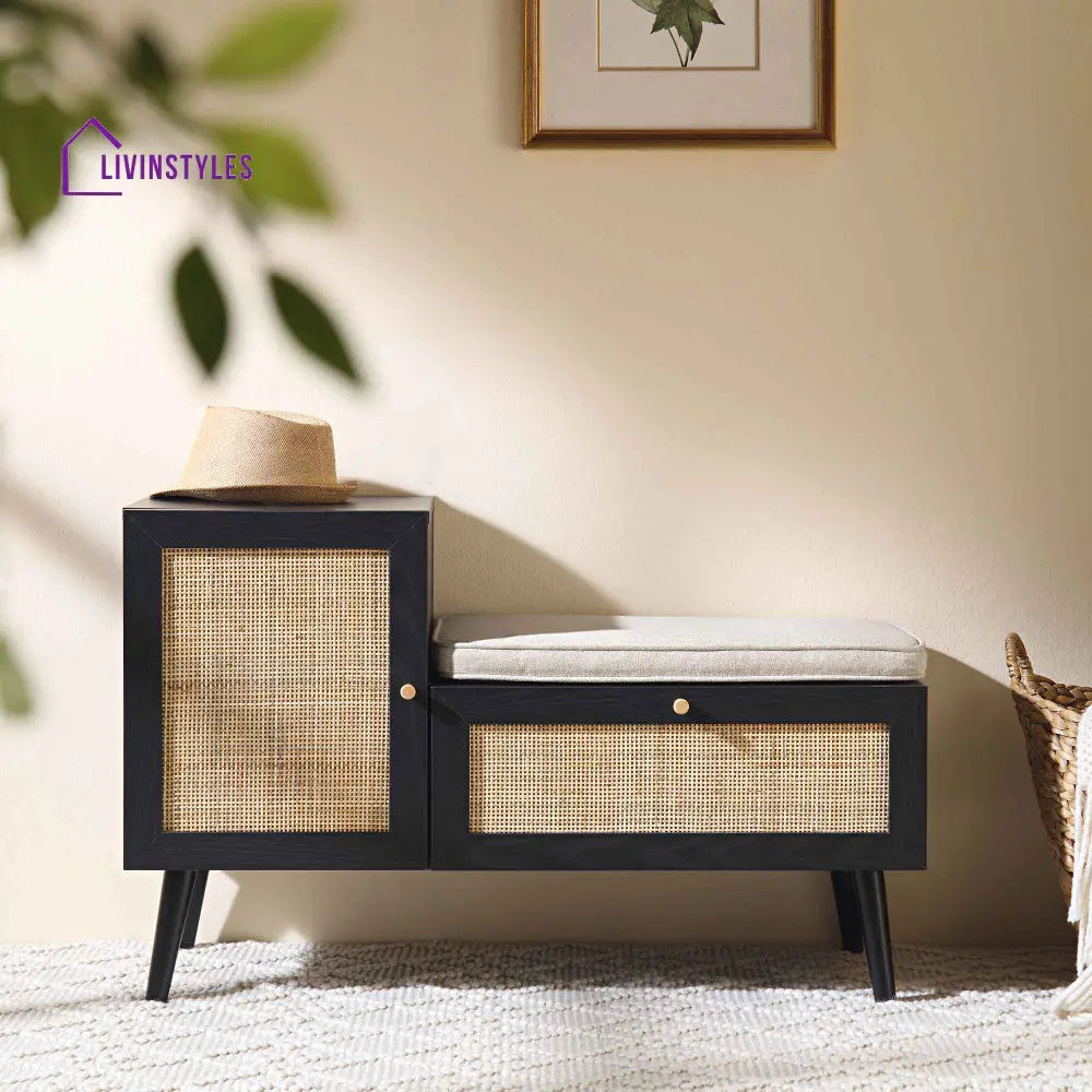 Frances Woven Rattan Storage Bench with Cushion Black Cabinets & Chests