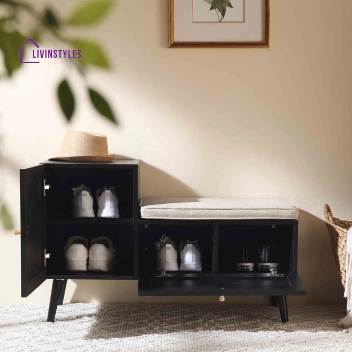 Frances Woven Rattan Storage Bench with Cushion Black Cabinets & Chests