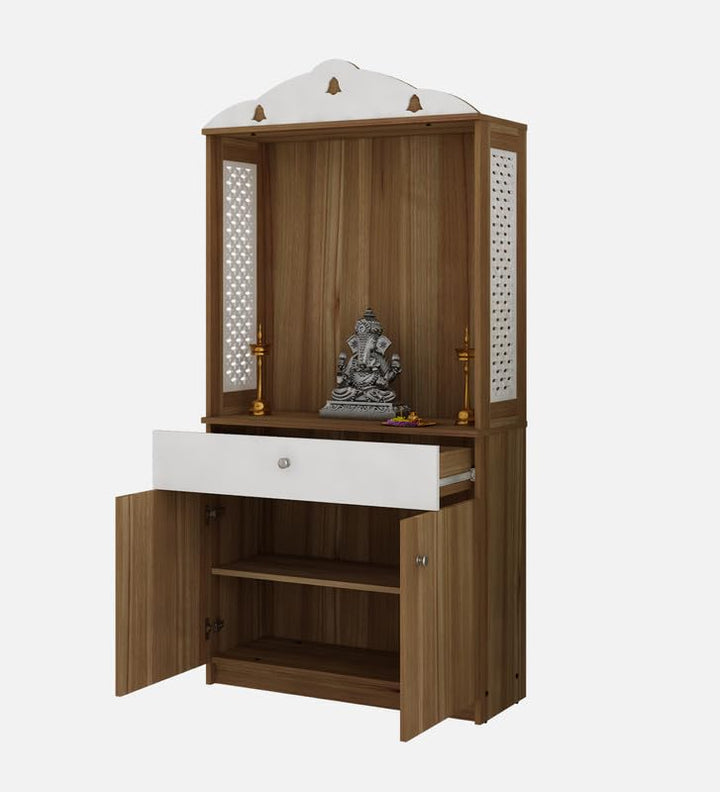 OmkarWood Natural Wooden Finish Pooja Temple with Storage & Drawer