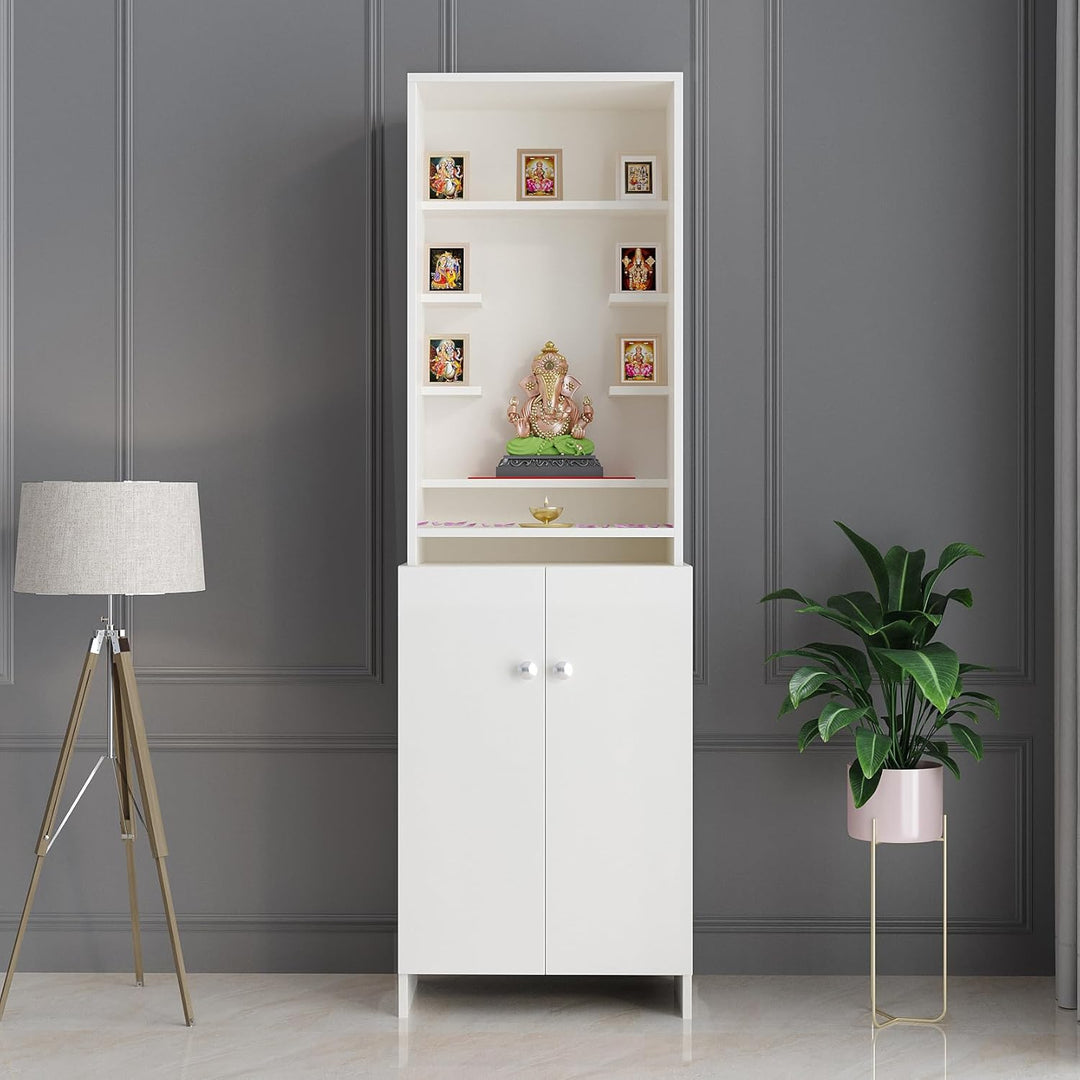 OmkarWood Premium White Pooja Temple with Storage