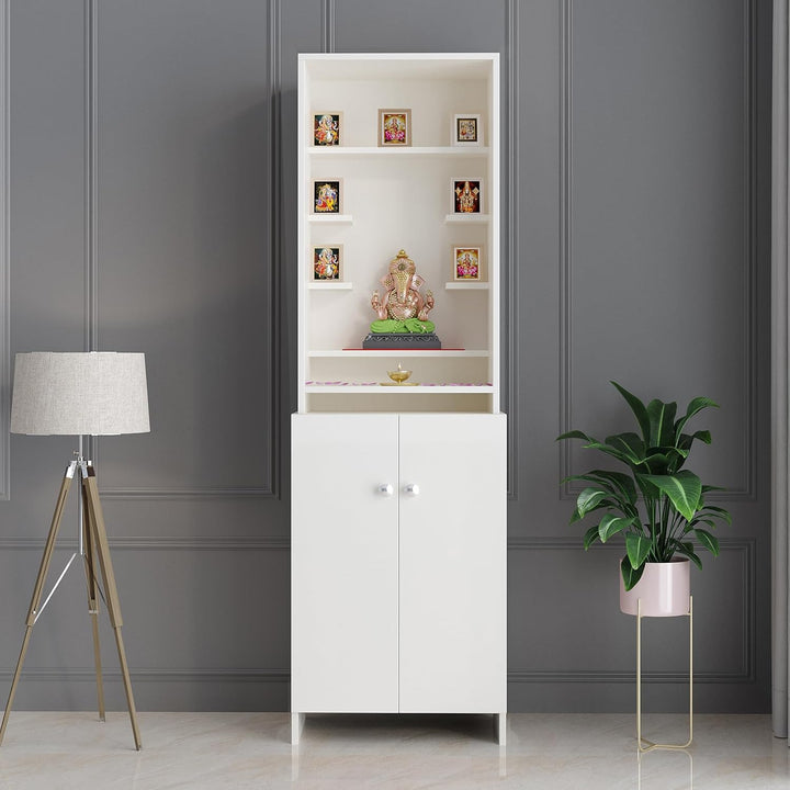 OmkarWood Premium White Pooja Temple with Storage