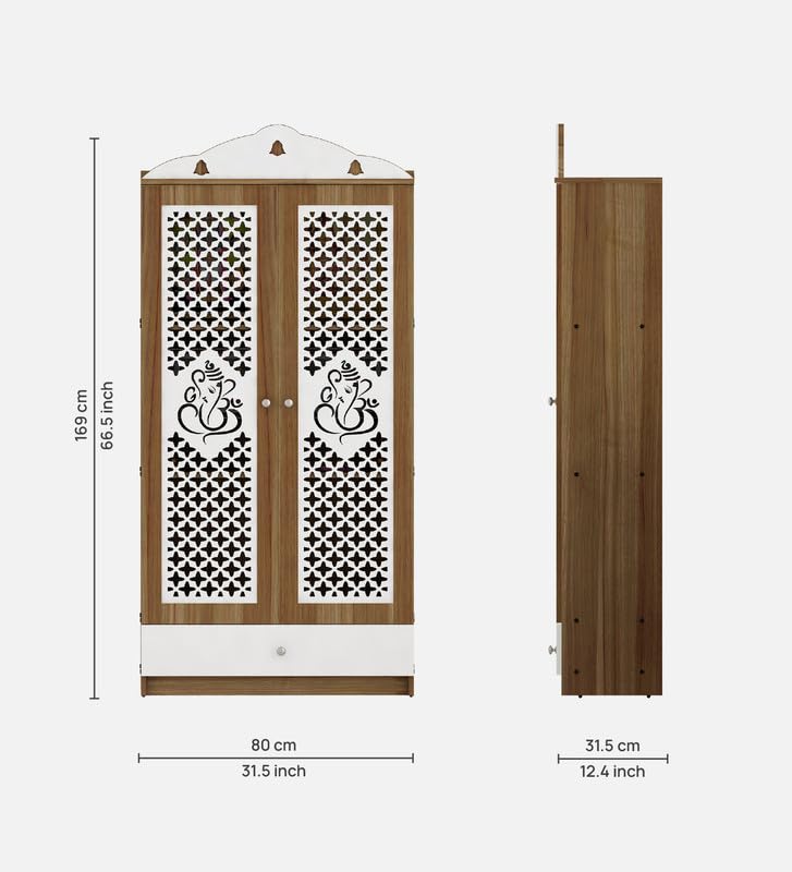 OmkarWood Lyon Teak & White Engineered Wood Pooja Mandir with Doors & Storage
