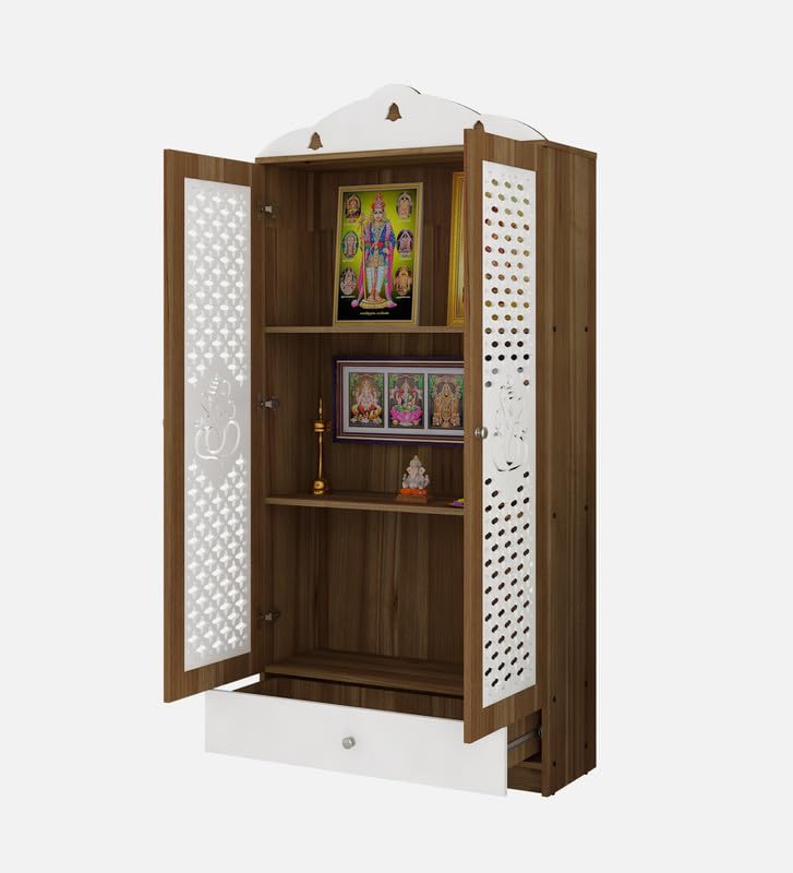 OmkarWood Lyon Teak & White Engineered Wood Pooja Mandir with Doors & Storage