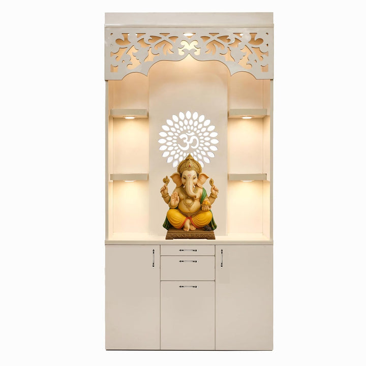 OmkarWood Premium LED Illuminated Engineered Wood Pooja Mandir with Storage