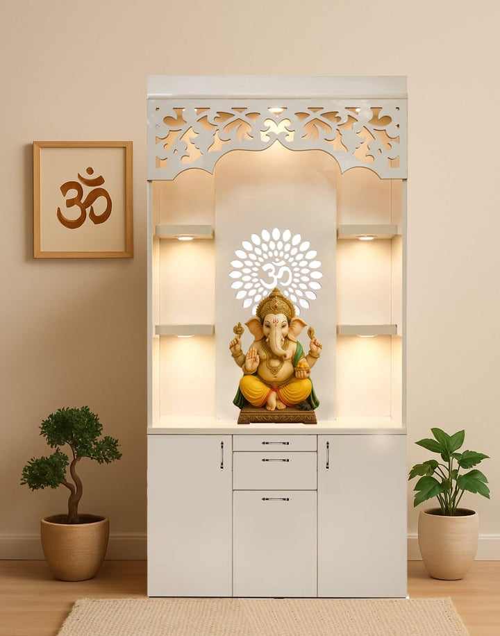 OmkarWood Premium LED Illuminated Engineered Wood Pooja Mandir with Storage