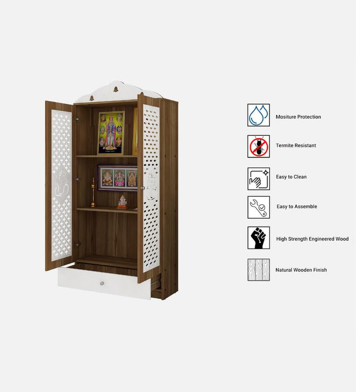 OmkarWood Lyon Teak & White Engineered Wood Pooja Mandir with Doors & Storage