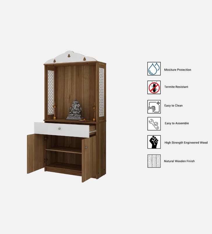 OmkarWood Natural Wooden Finish Pooja Temple with Storage & Drawer