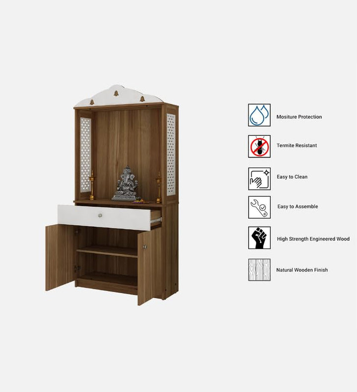 OmkarWood Natural Wooden Finish Pooja Temple with Storage & Drawer