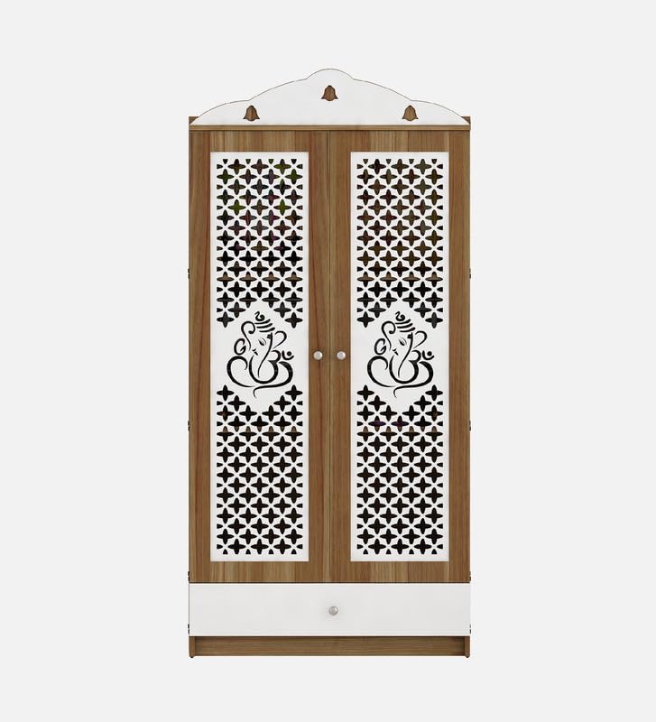 OmkarWood Lyon Teak & White Engineered Wood Pooja Mandir with Doors & Storage