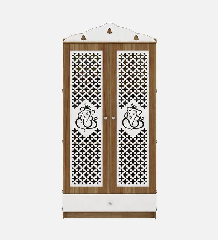 OmkarWood Lyon Teak & White Engineered Wood Pooja Mandir with Doors & Storage