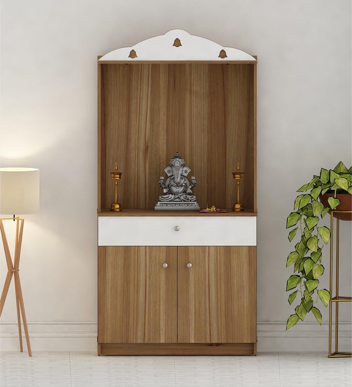OmkarWood Natural Wooden Finish Pooja Temple with Storage & Drawer