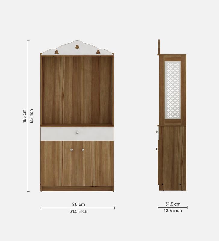 OmkarWood Natural Wooden Finish Pooja Temple with Storage & Drawer