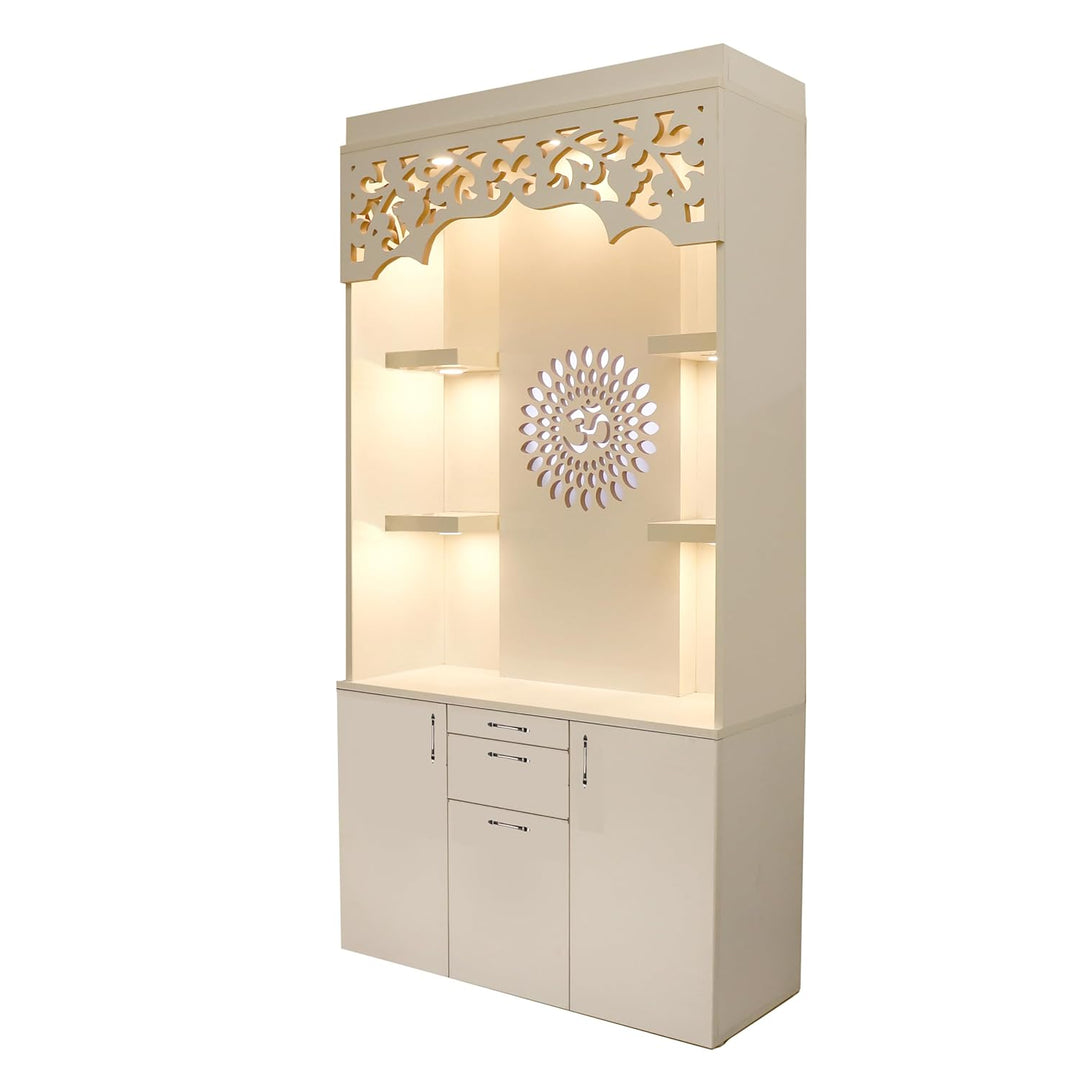 OmkarWood Premium LED Illuminated Engineered Wood Pooja Mandir with Storage