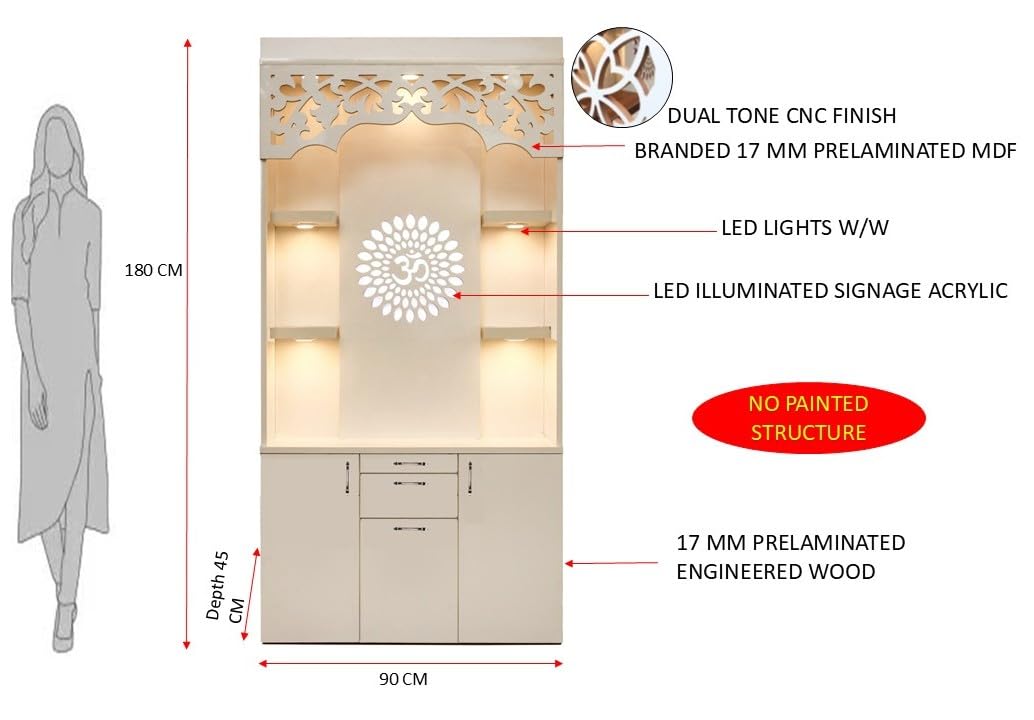 OmkarWood Premium LED Illuminated Engineered Wood Pooja Mandir with Storage