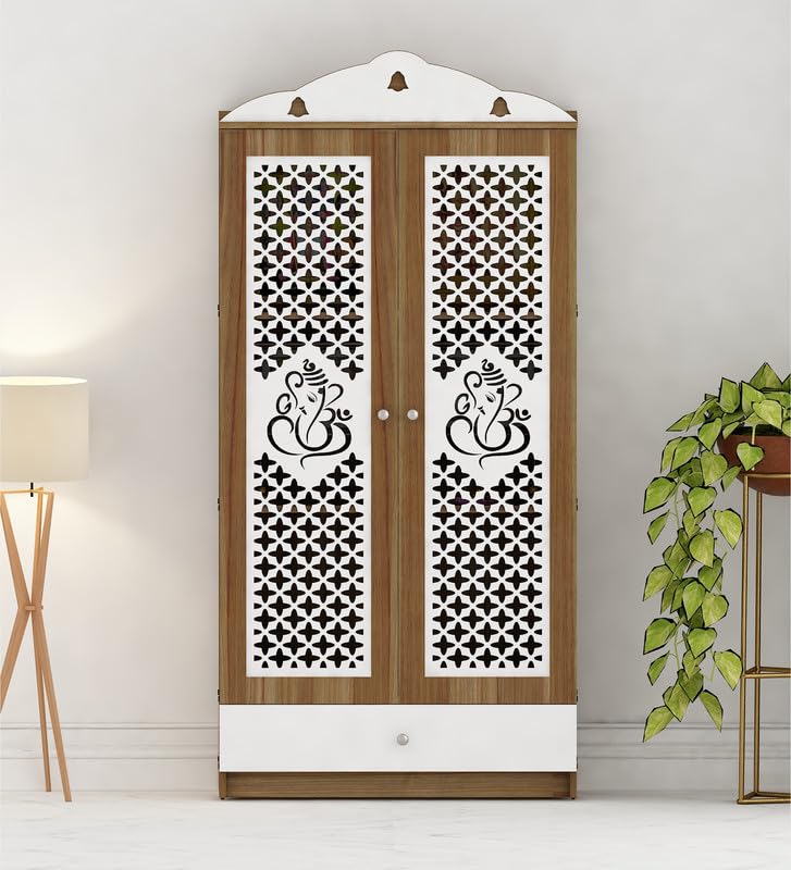 OmkarWood Lyon Teak & White Engineered Wood Pooja Mandir with Doors & Storage