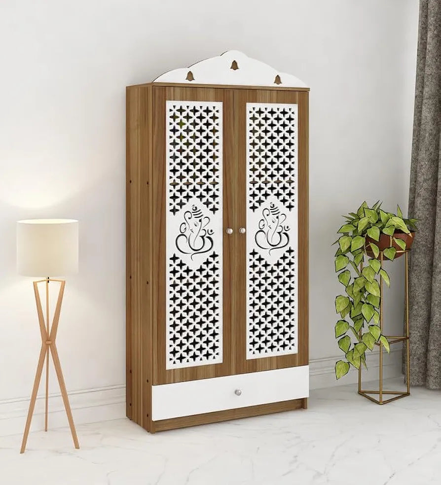 OmkarWood Lyon Teak & White Engineered Wood Pooja Mandir with Doors & Storage