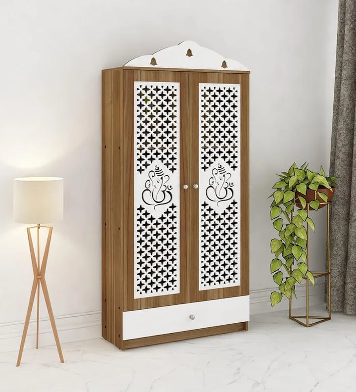 OmkarWood Lyon Teak & White Engineered Wood Pooja Mandir with Doors & Storage