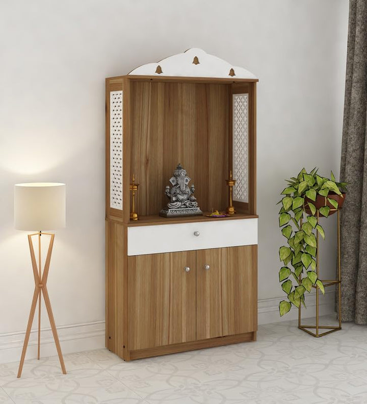 OmkarWood Natural Wooden Finish Pooja Temple with Storage & Drawer