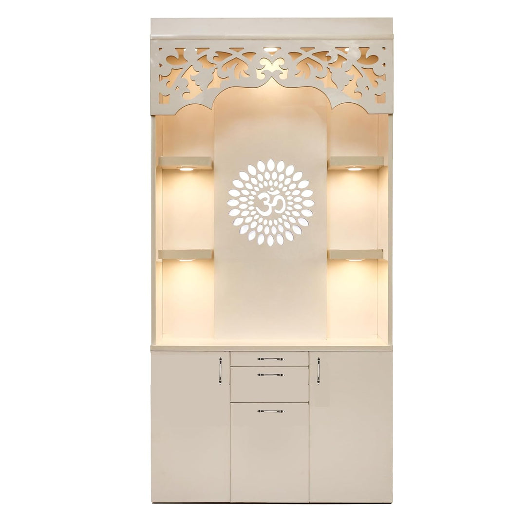 OmkarWood Premium LED Illuminated Engineered Wood Pooja Mandir with Storage