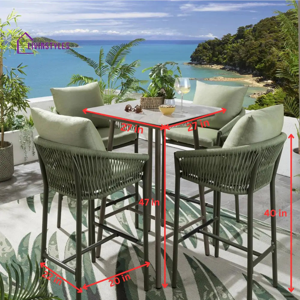 Rocío Outdoor Patio Bar Set 4 Chairs and 1 Table Set (Green) Braided & Rope - Bar Sets