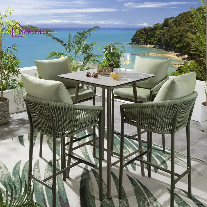 Rocío Outdoor Patio Bar Set 4 Chairs and 1 Table Set (Green) Braided & Rope - Bar Sets
