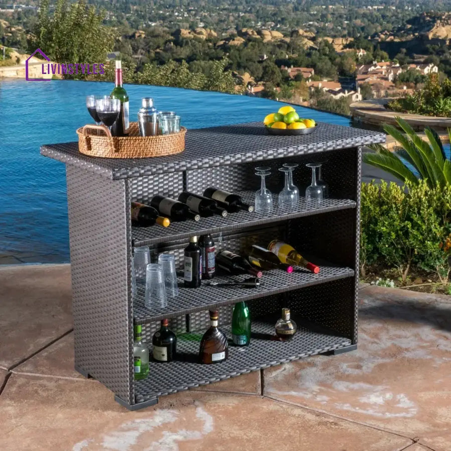 Rocio Outdoor Rattan Wicker Bar Table With Storage Selves - Bar Table