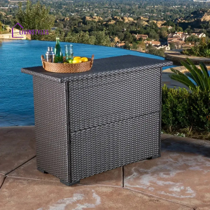 Rocio Outdoor Rattan Wicker Bar Table With Storage Selves - Bar Table