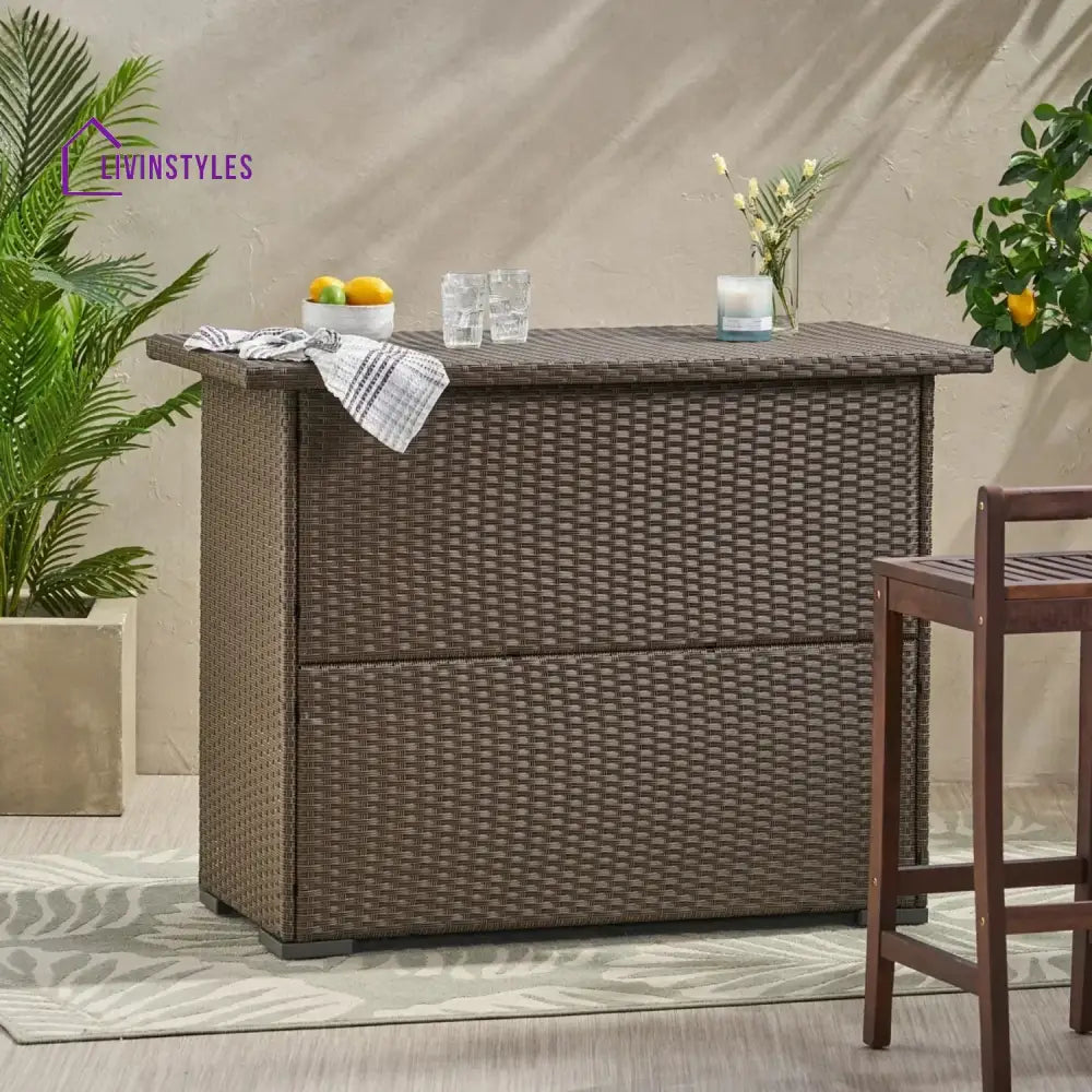 Rocio Outdoor Rattan Wicker Bar Table With Storage Selves - Bar Table