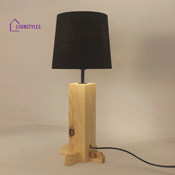 Rocket Beige Wooden Table Lamp With Black Fabric Lampshade Lamps
