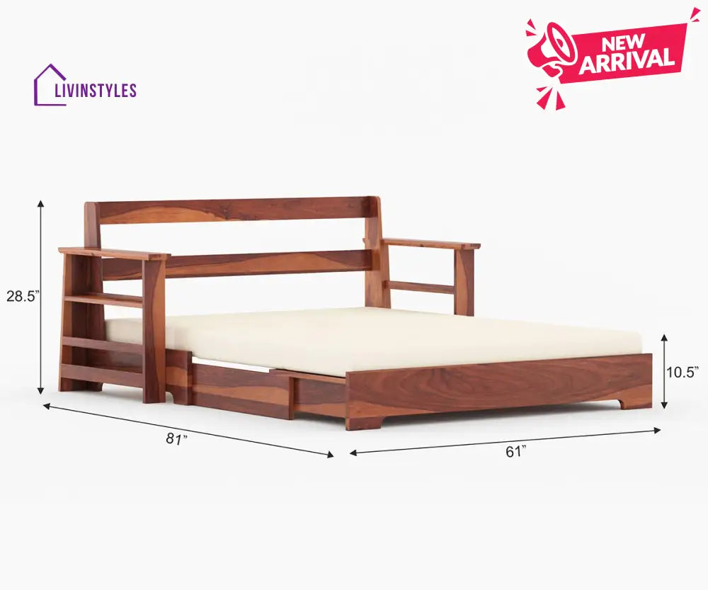 Rodion Solid Wood Sheesham Sofa Cum Bed | Solid Wood Sofa Come Bed (Honey Finish)