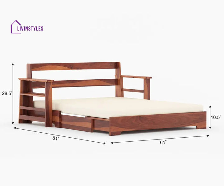 Rodion Solid Wood Sheesham Sofa Cum Bed | Solid Wood Sofa Come Bed (Honey Finish)