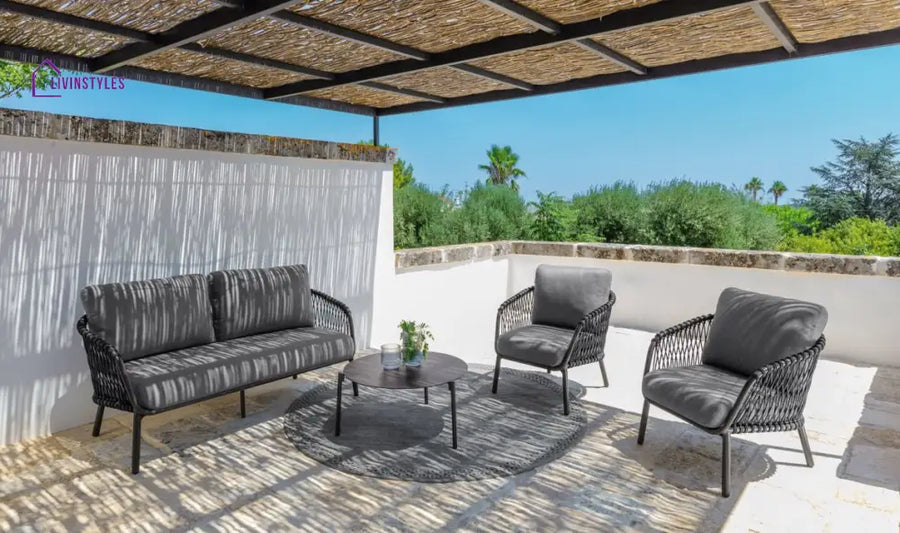 Rogar Outdoor Sofa Set 2 Seater 2 Single seater and 1 Center Table Set (Black + Grey) Braided & Rope - Sofa Sets