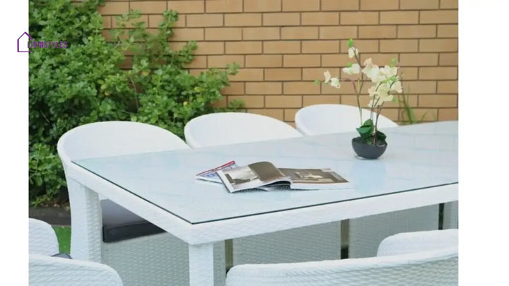 Rohan 8 Seater Wicker Outdoor Dining Set With Cushion And Table (White & Dark Grey)