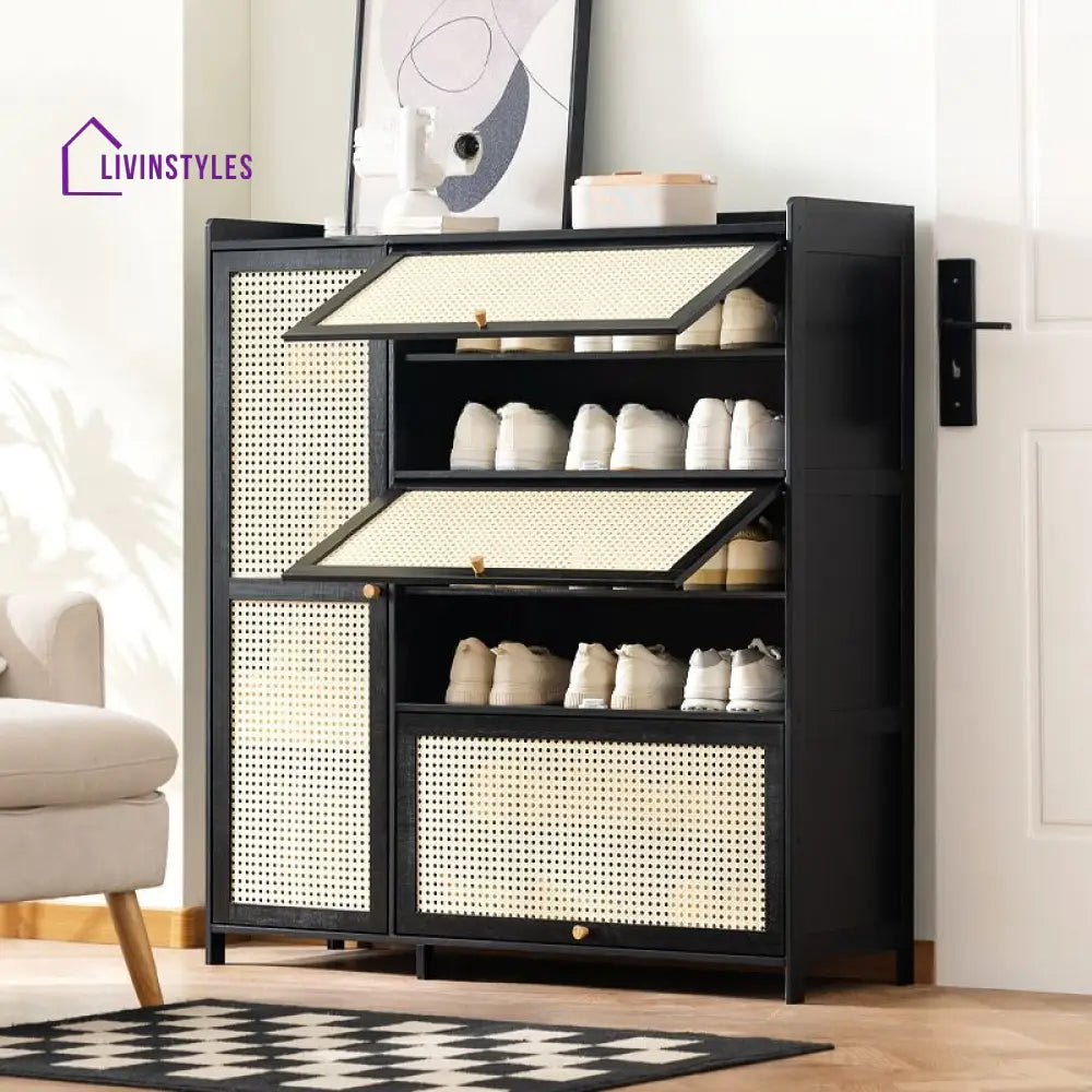 Rohan Mango Wood Black Finish and Cane Weaving Shoe Rack for Hallway