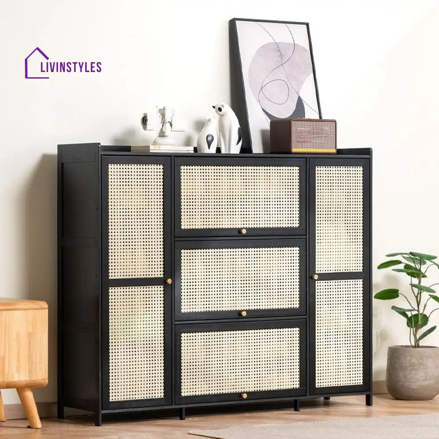 Rohan Mango Wood Black Finish and Cane Weaving Shoe Rack for Hallway