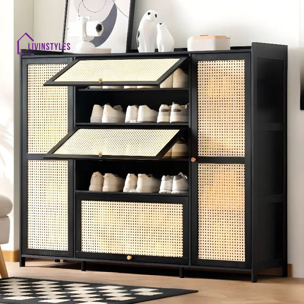 Rohan Mango Wood Black Finish and Cane Weaving Shoe Rack for Hallway