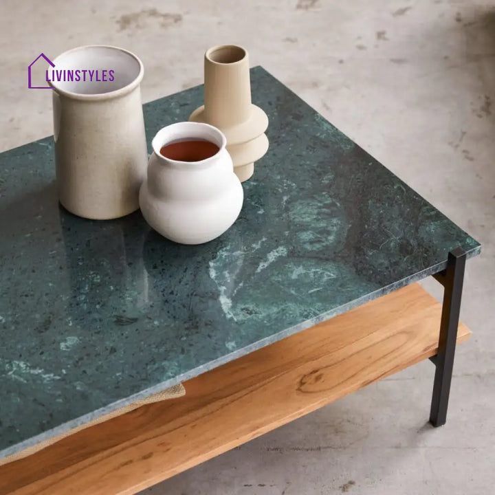 Rohan Marble Top Acacia Wood Shelf Coffee Table – Iron Legs (Marble Top W130 D65 H35 cm) Coffee Table