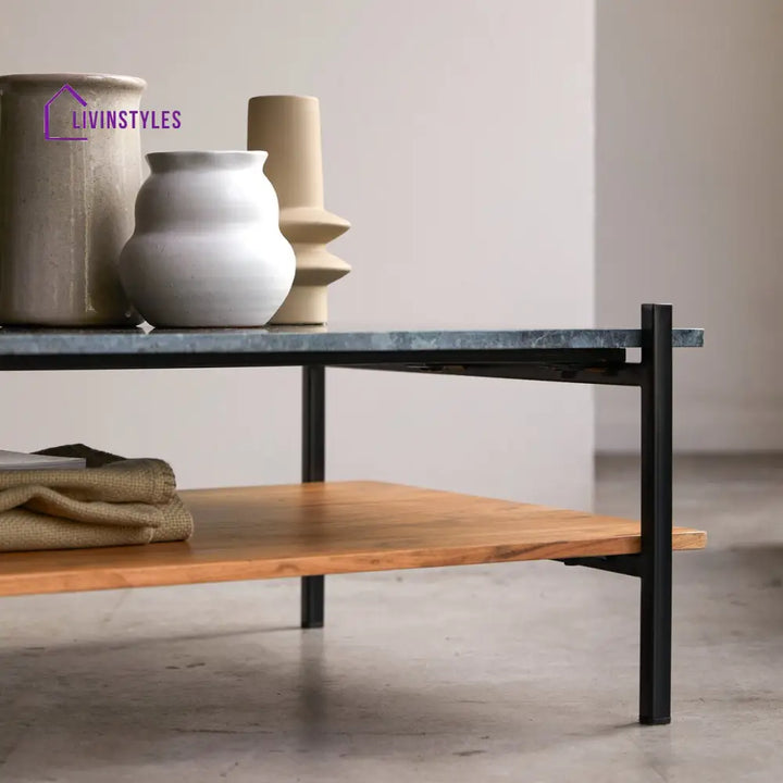 Rohan Marble Top Acacia Wood Shelf Coffee Table – Iron Legs (Marble Top W130 D65 H35 cm) Coffee Table