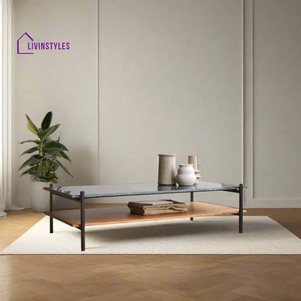Rohan Marble Top Acacia Wood Shelf Coffee Table – Iron Legs (Marble Top W130 D65 H35 cm) Coffee Table