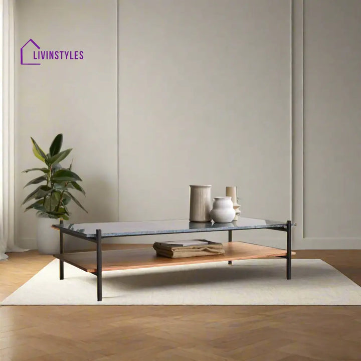 Rohan Marble Top Acacia Wood Shelf Coffee Table – Iron Legs (Marble Top W130 D65 H35 cm) Coffee Table